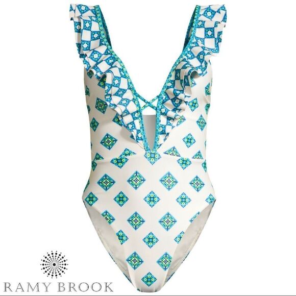 Ramy Brook ***NWT*** Printed Alize Ruffle One-Piece Swimsuit in White Combo - Picture 2 of 11